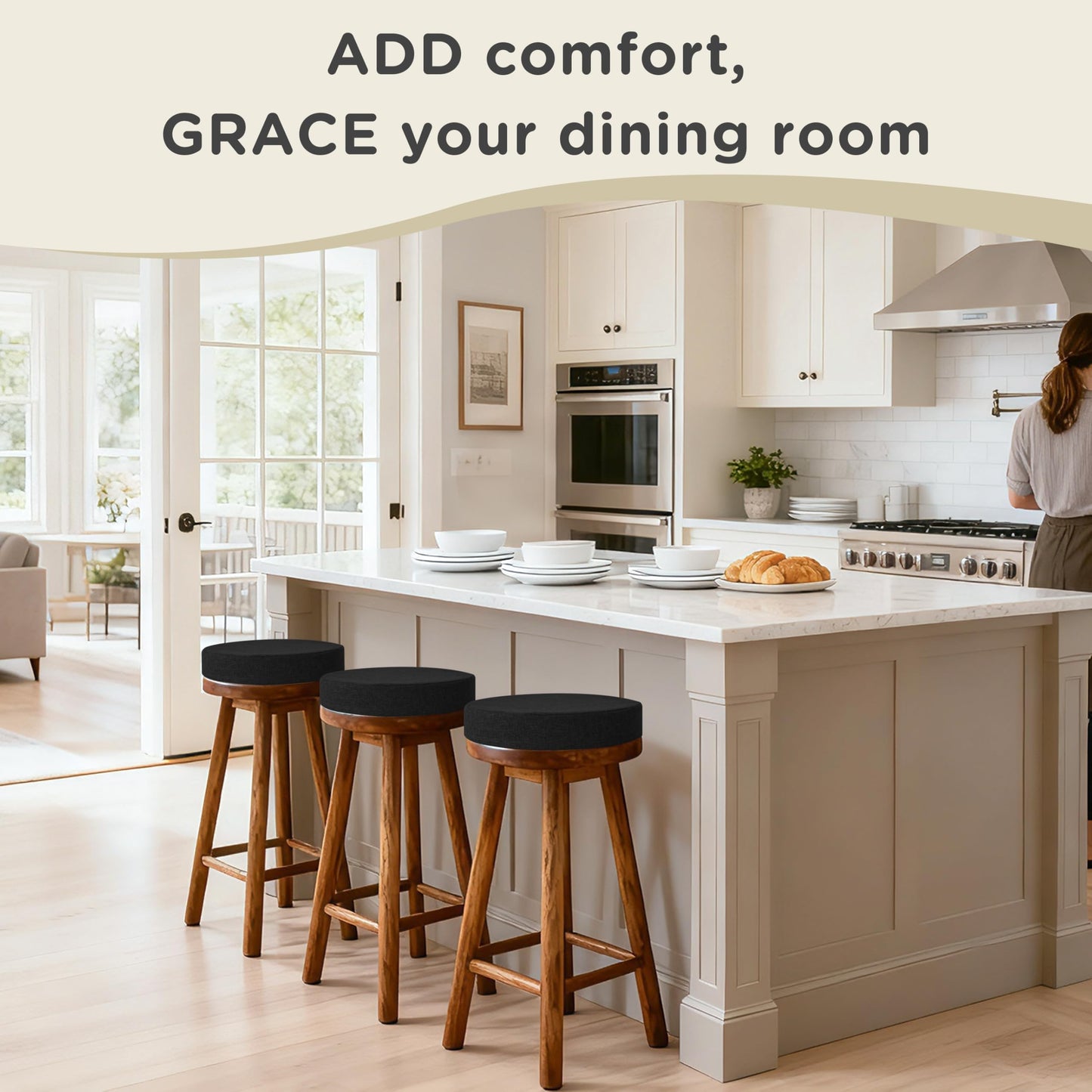 AddGrace 2.5" Thick Non Slip Round Chair Pad 1 Pack, 16" Round Chair Cushion with Machine-Washable Cover and Long Zipper, Seat Cushions for Kitchen, Office, Floor and 16" Ottoman, Black