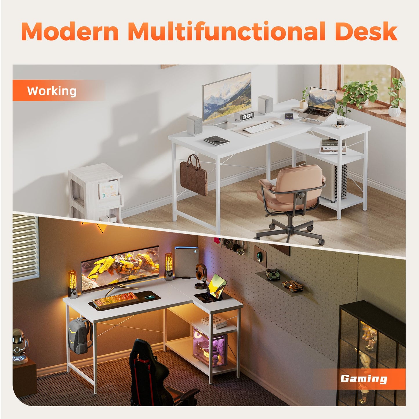 Mericonia Small L Shaped Computer Desk, Reversible Gaming Desk with Storage Shelves, Corner Gamer Desk Table, Study Writing Table