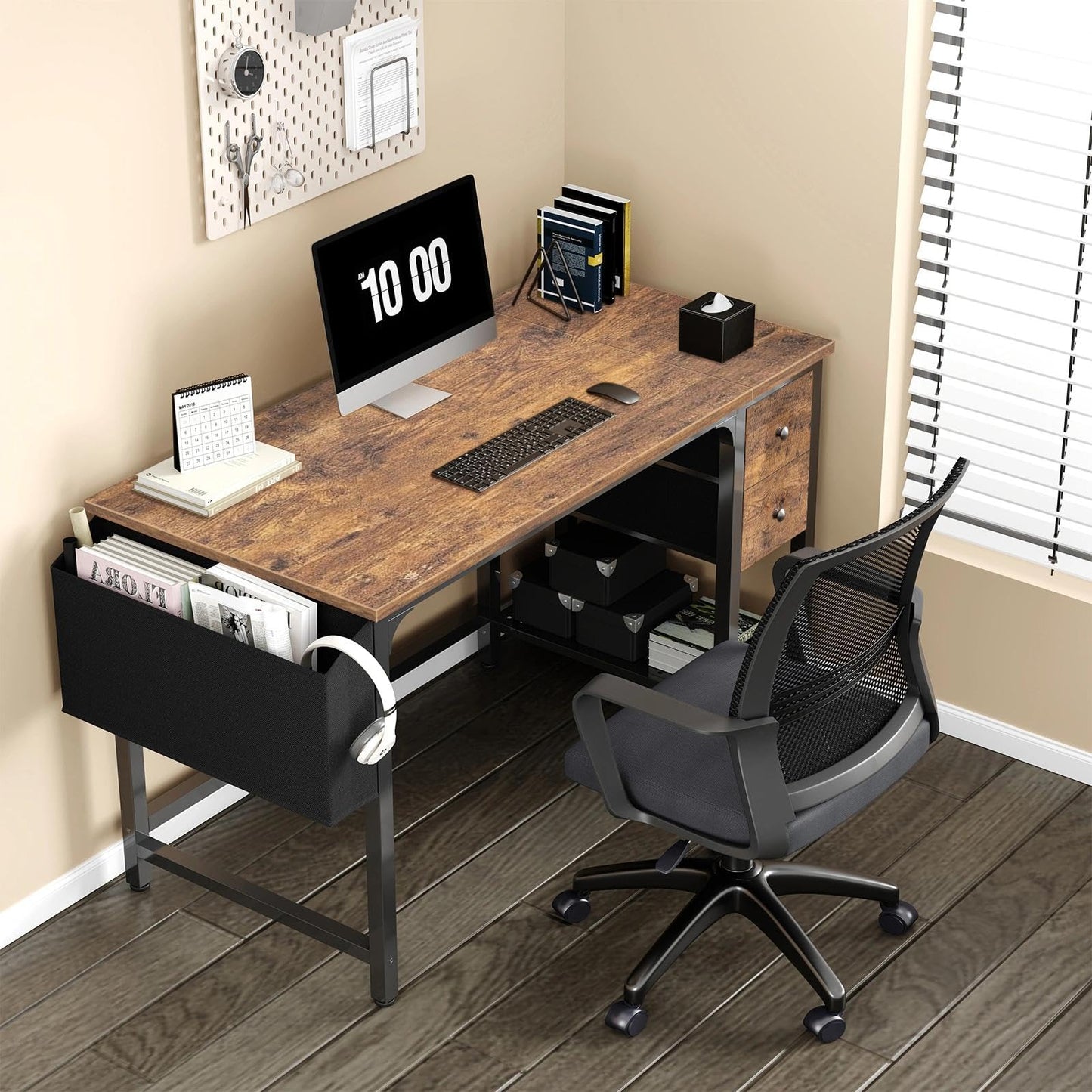 Lufeiya Computer Desk with Fabric Drawers, 47 Inch Desk for Small Space Home Office, Modern Simple Study Writing Table PC Desks for Bedroom, Rustic Brown