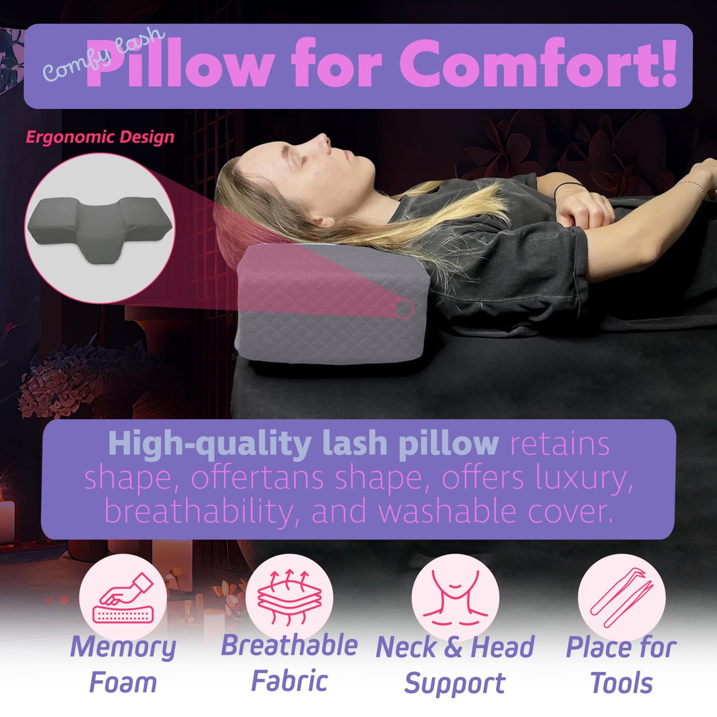 Lash Pillow for Eyelash Extensions - Curved Memory Foam Bed Pillow, Ergonomic Head Rest with Neck Support, Side Pockets for Tools, Fits Lash Beds for Tech – Gray