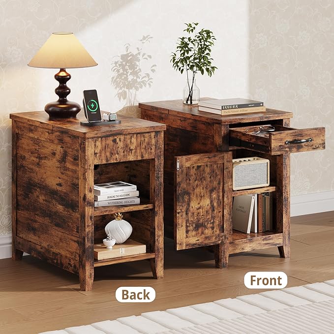 IRONCK End Table with Charging Station, Narrow Side Table