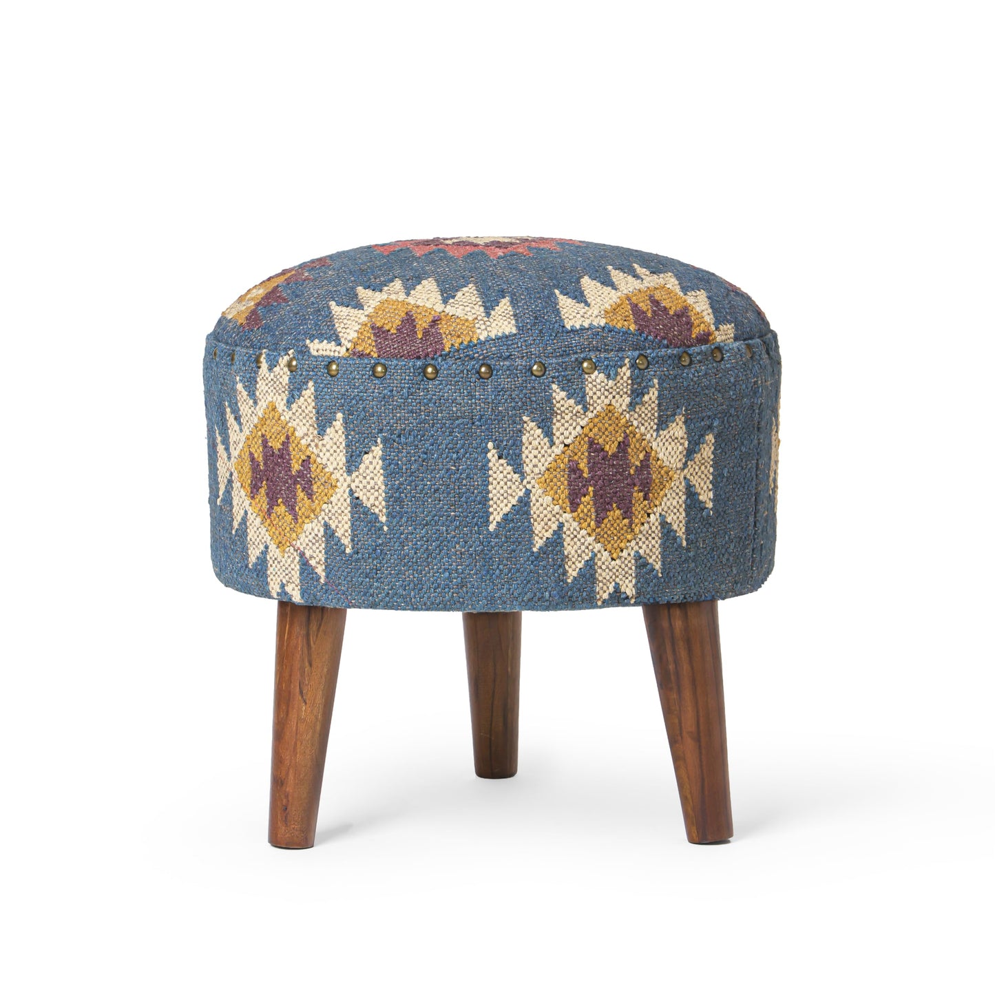 NATURAL FURNISH Handmade Kilim Jute Pouf Ottoman Stool | Round Upholstered Seating with Acacia Wood Base | Decorative Foot Rest for Living Room, Bedroom, Hallway, Office & Lounge (Grey)