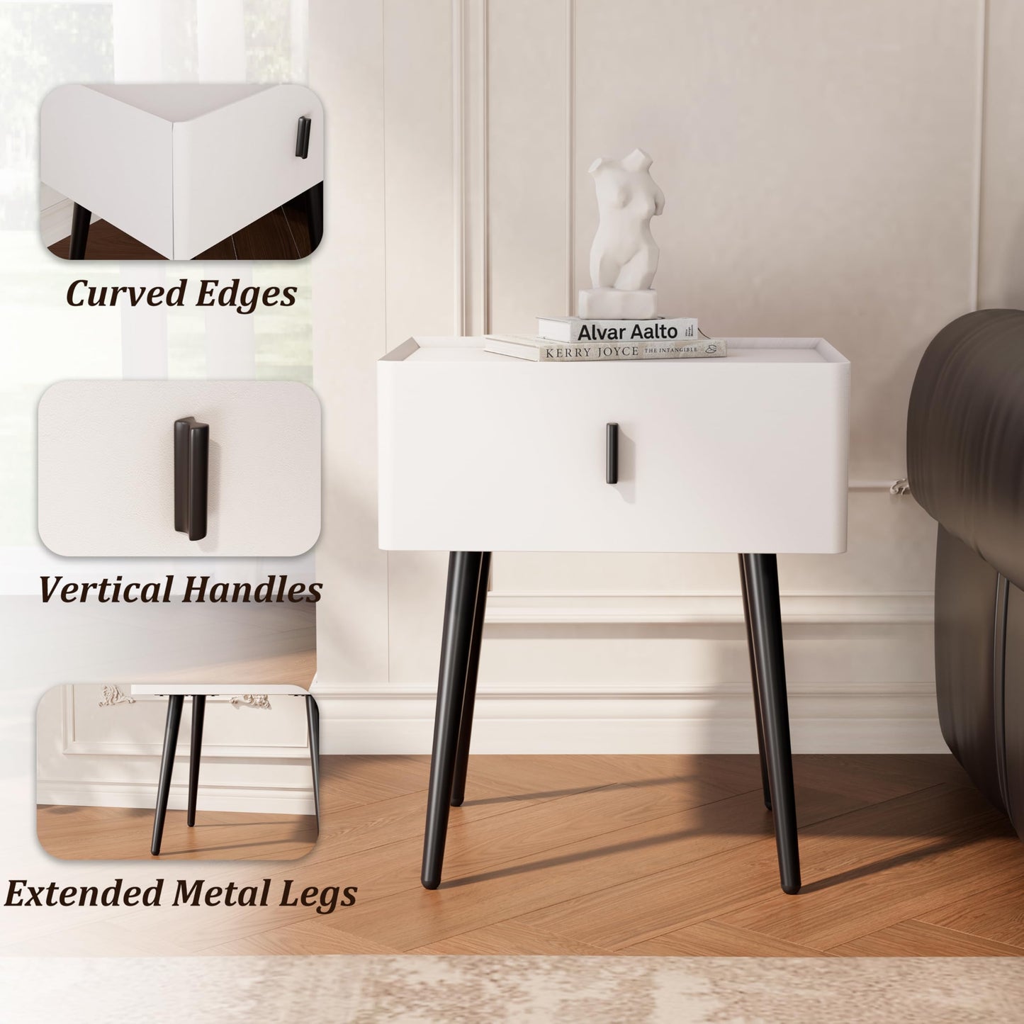 Nightstand Set of 2 with Single Drawer,Leather Side Table,Modern Bedside Table with Metal Legs for Bedroom,Small Accent End Table,White