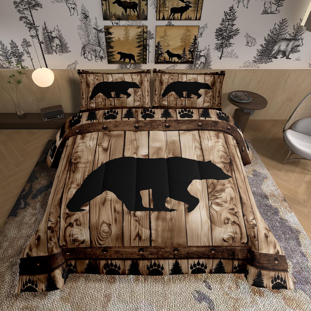 Castle Fairy Bear Comforter Set Twin Size,Rustic Farmhouse Style Bedding Set 2Pcs,Hunting Wild Animal Quilt Set for Kids Boys Men Adult Room Decor,Brown Wooden Board Print Duvet Insert,1 Pillowcase