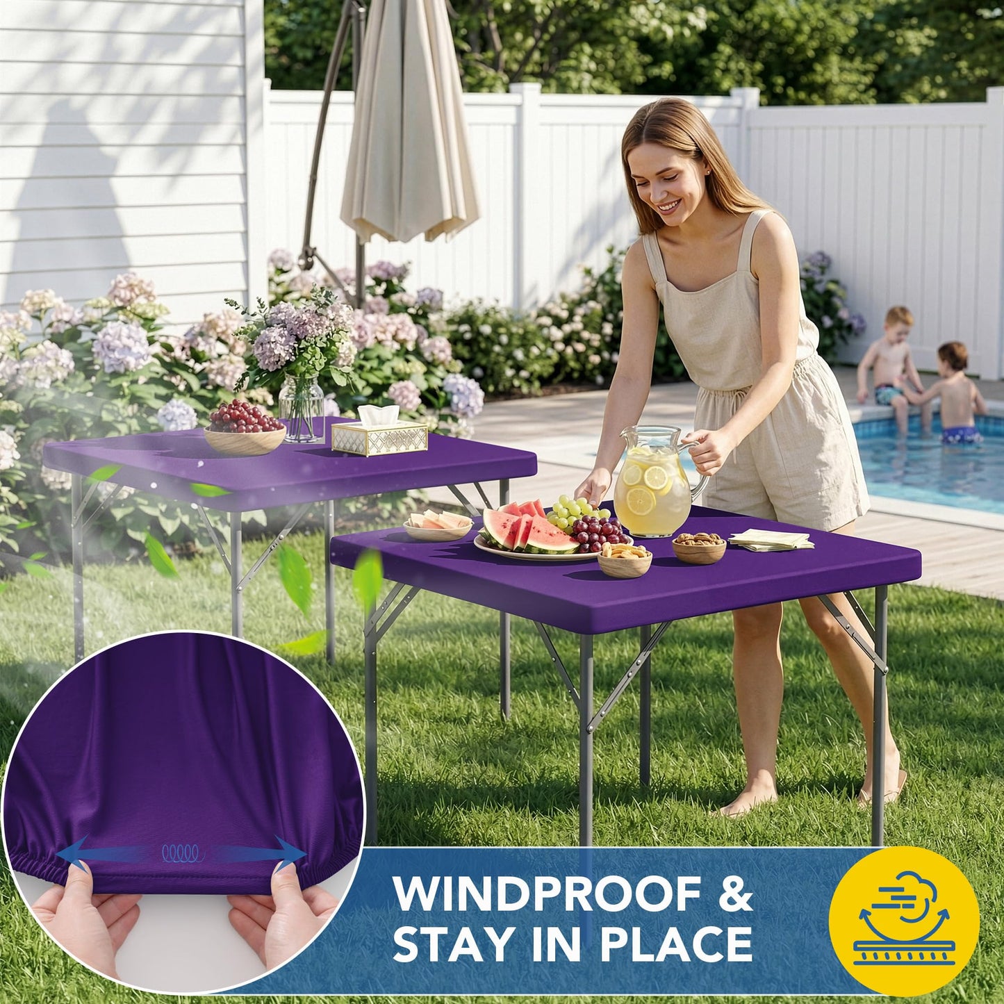 Enjoyidea Square Fitted Tablecloth 34x34 Inch-2 Pack Dark Purple Elastic Spandex Table Cover-Small Stretch Card Folding Table Cloths Topper Cap for Kitchen Dining Picnic Patio Outdoor Party Tables