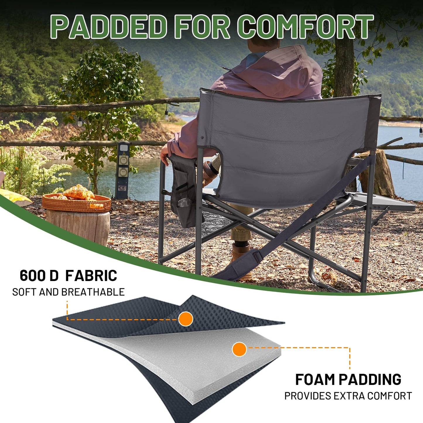 Timber Ridge XXL Director’s Chair – Heavy Duty Folding Camping Chair for Adults, 500lb Capacity, Extra Wide Padded Seat for Camping, Sports, Lawn, Courtyard, and Outdoor Use, Grey