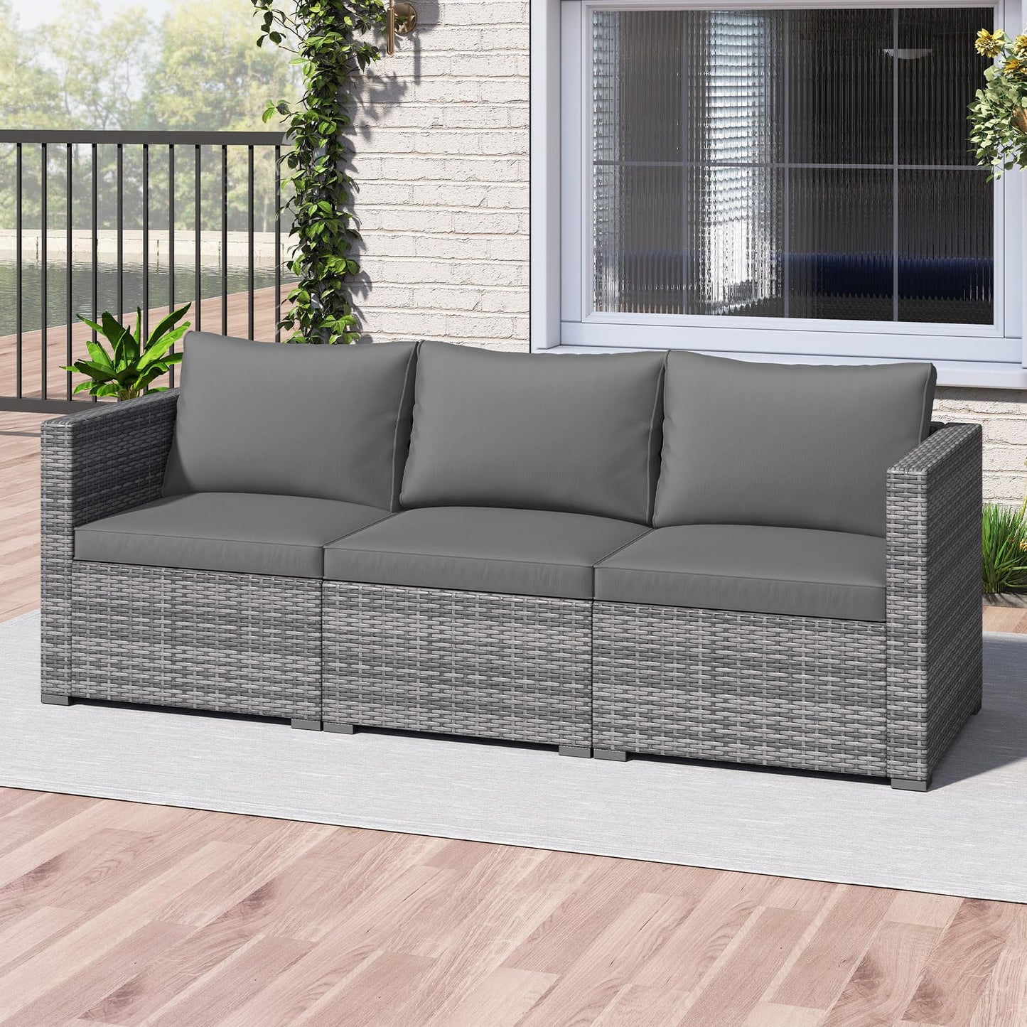 Tangkula 3 Seat Outdoor Wicker Sofa Set, Modular PE Rattan Patio Cushioned Sectional Couch Set, Outside Furniture Set for Deck, Backyard, Porch, Garden & Poolside (Grey)
