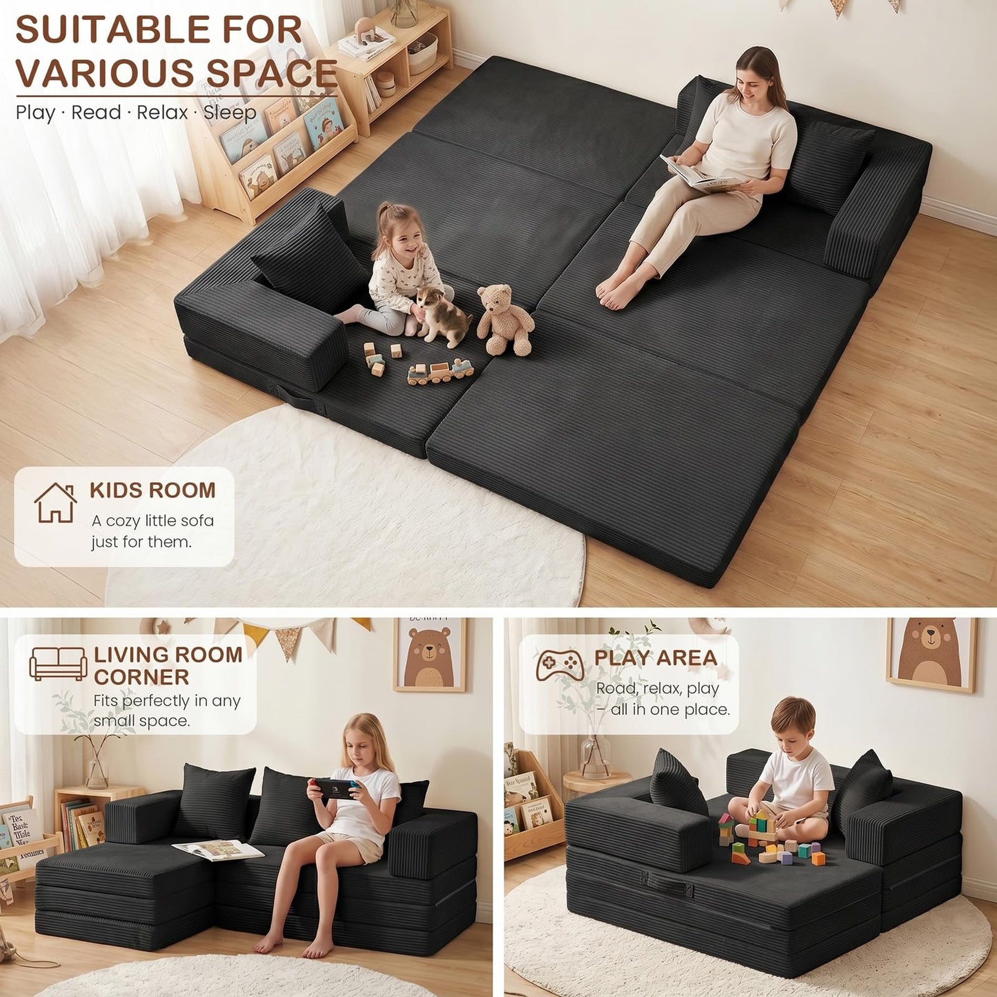 Ziydily Boneless Couches for Living Room, L Shaped Couch with Chaise, 4-in-1 Comfy Corduroy Fluffy Sofas, Mini Flexible Module Combination Compact Room Couch, No Assembly, Black