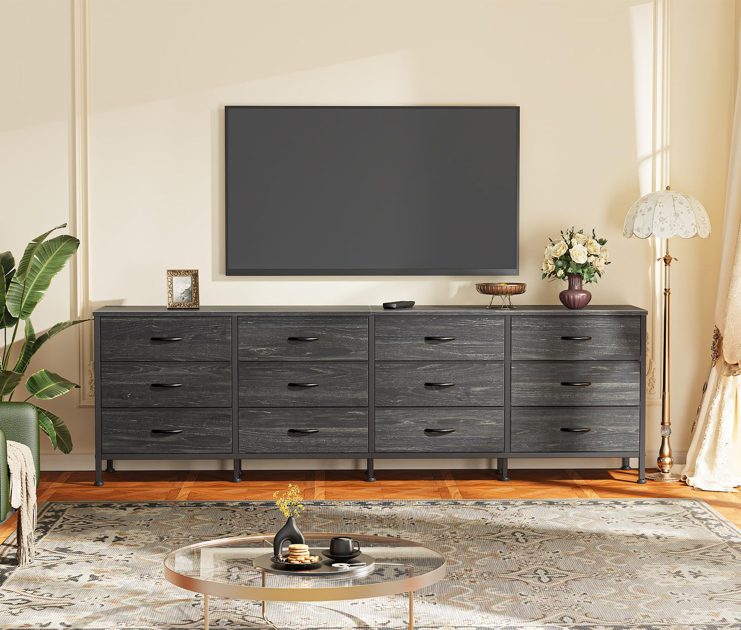 Huuger 70 Inch Dresser for Bedroom, TV Stand for 65, 75, 80 Inch TV,12 Fabric Drawer Long Dresser, Large Storage Organizer Unit, Chest of Drawer for Bedroom, Charcoal Black Wood Grain Print