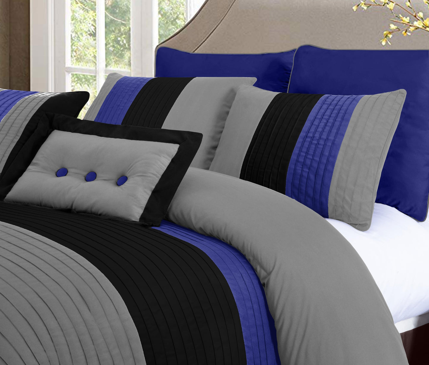 Chezmoi Collection Loft 8-Piece Oversized King Comforter Set, Gray/Blue/Black Luxury Striped Bedding for All Season