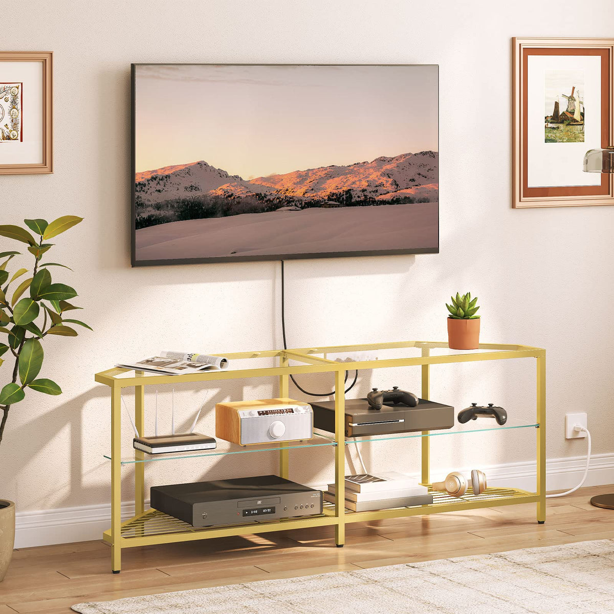 HOOBRO Corner TV Stand with Power Outlet for TVs up to 55", Modern 55" Corner TV Console Table with Open Shelves, Tempered Glass Media Entertainment Center for Living Room, Bedroom, Gold GD143UDS01