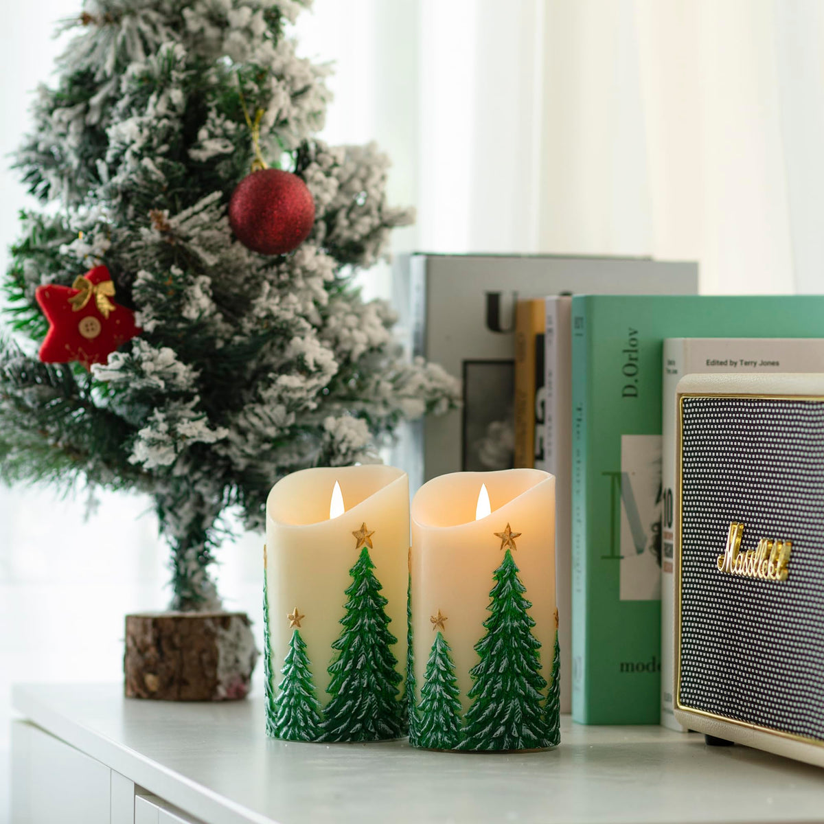 JOIONE Christmas Embossed Tree Flameless Candles with Remote, Battery-Operated Real Wax LED Candle with Flickering Flame, Christmas Home Decor, Set of 2