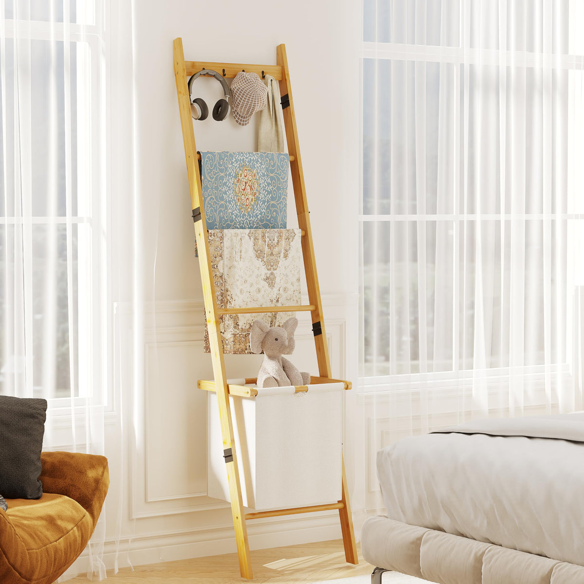 BAMBANG Bamboo Blanket Ladder with Basket, 5-Tier Quilt Rack Stand with 4 Hooks & Storage Hamper for Living Room Bathroom, Wall Leaning Decorative Ladder Shelf for Blankets Display (Natural)