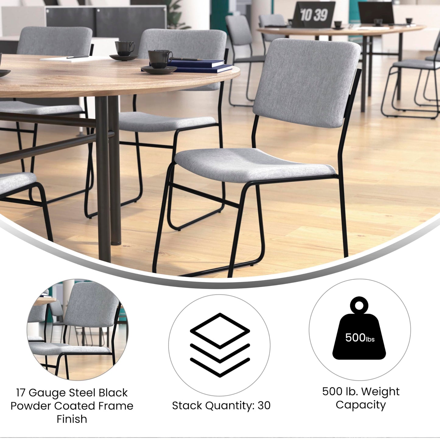 Flash Furniture HERCULES Series 500 lb. Capacity High Density Gray Fabric Stacking Chair with Sled Base