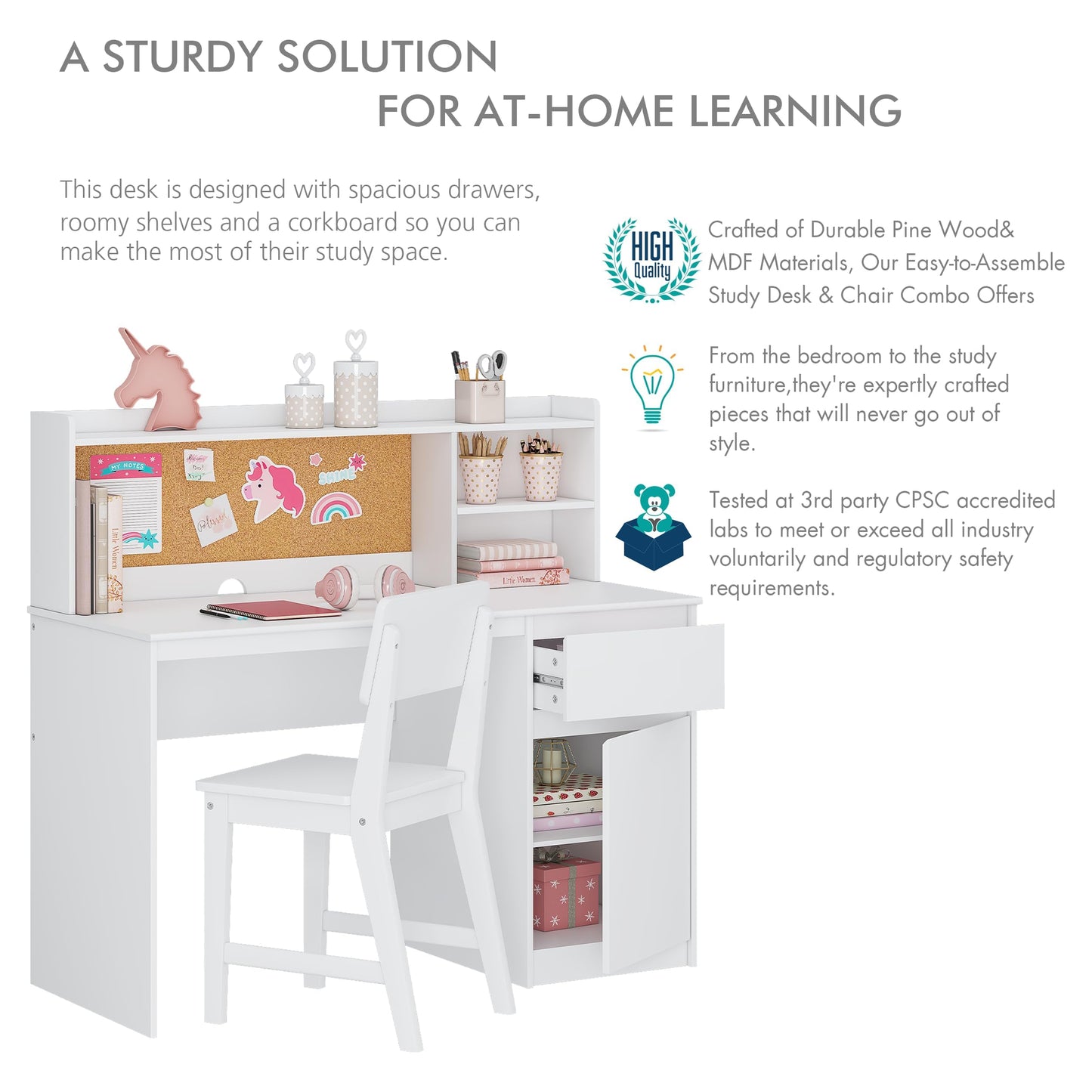 UTEX Kids Study Desk with Chair, Kids Desk and Chair Sets with Hutch for 5-12, Wooden Children Study Table, Student Writing Table Computer Workstation