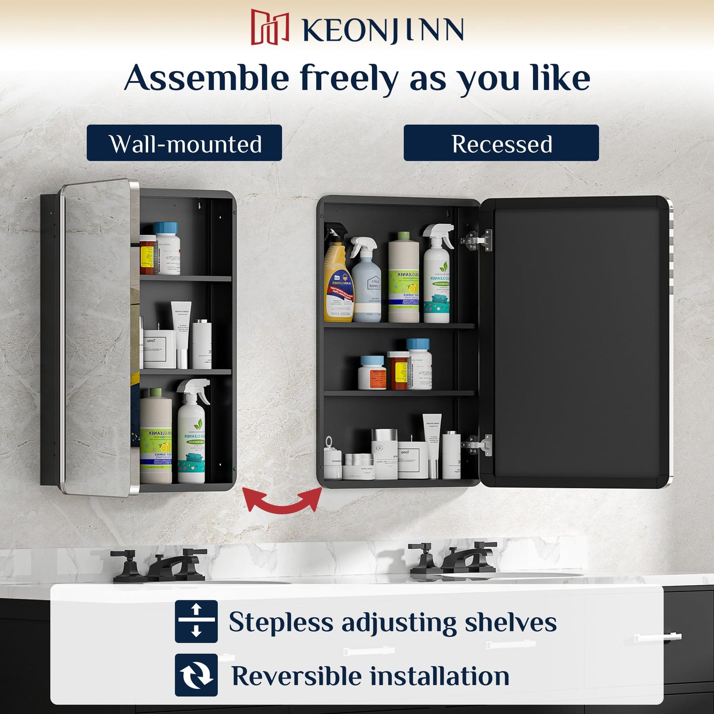 Keonjinn Chrome Medicine Cabinet Mirror 16 x 24 Inch, Recessed Medicine Cabinet for Bathroom, Elegant Stainless Steel Framed, Stepless Adjustable Shelves, in Wall or Surface Mount, Soft Closing