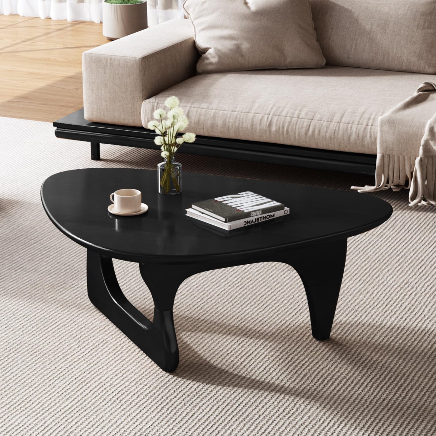 Coffee Table Solid Wood Oval Rustic Mid-Century Modern Low Center Table for Living Room, Office, Small, Black, 34.3", Easy to Install