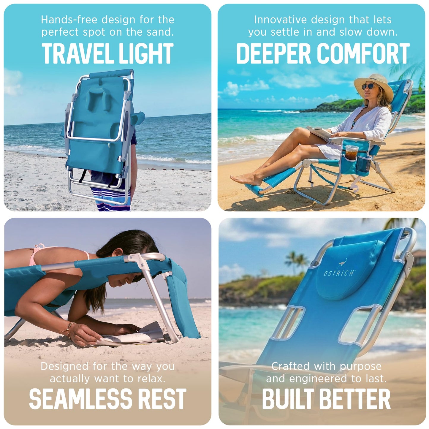Ostrich the Backpack 3N1 Portable Chair with Cooler Bag and Reclining Lounger for Tanning, Camping, Beach, and Outdoor Essential, Light Blue