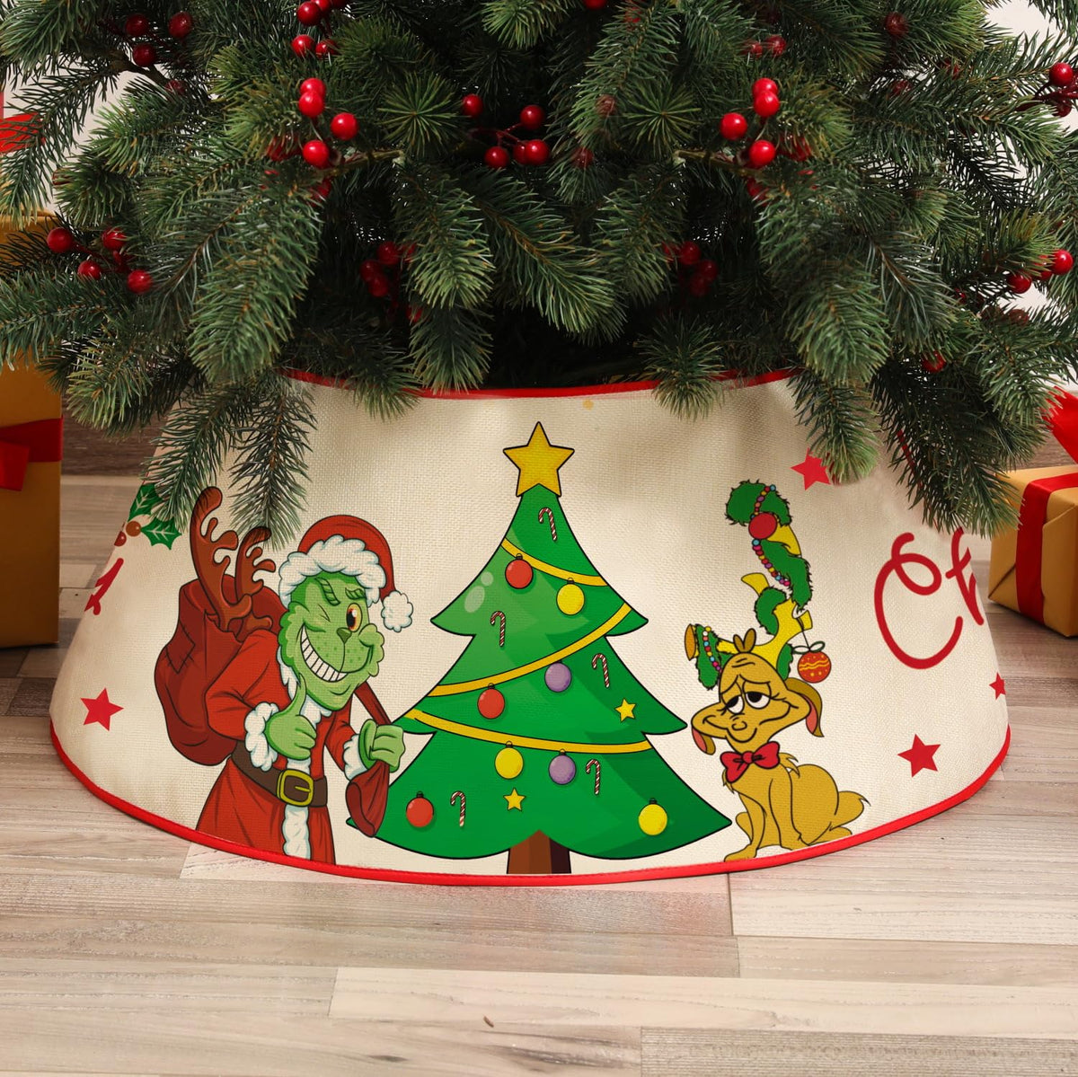 Christmas Tree Collar, 24" Christmas Tree Base Cover with Classic Pattern, Xmas Tree Decorations for Home Indoor, Linen (White)