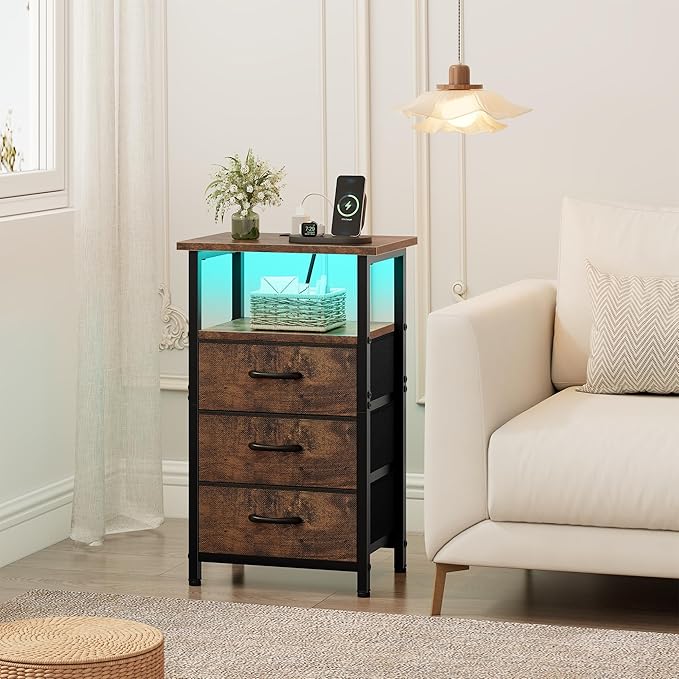 Vagusicc Night Stand with Charging Station, LED Nightstand