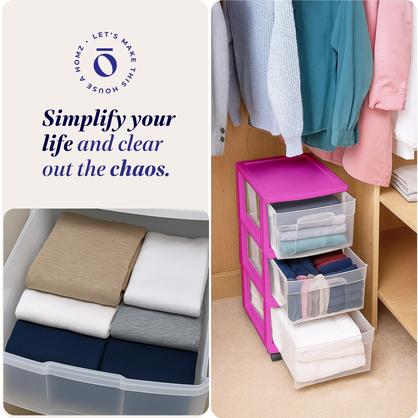 HOMZ Drawer Tower, 3-Tier Clear Plastic Storage Organizer Cart, Purple Frame - Rolling Drawer Containers with Wheels for Bathroom, Bedroom, Office, and Classroom Organization