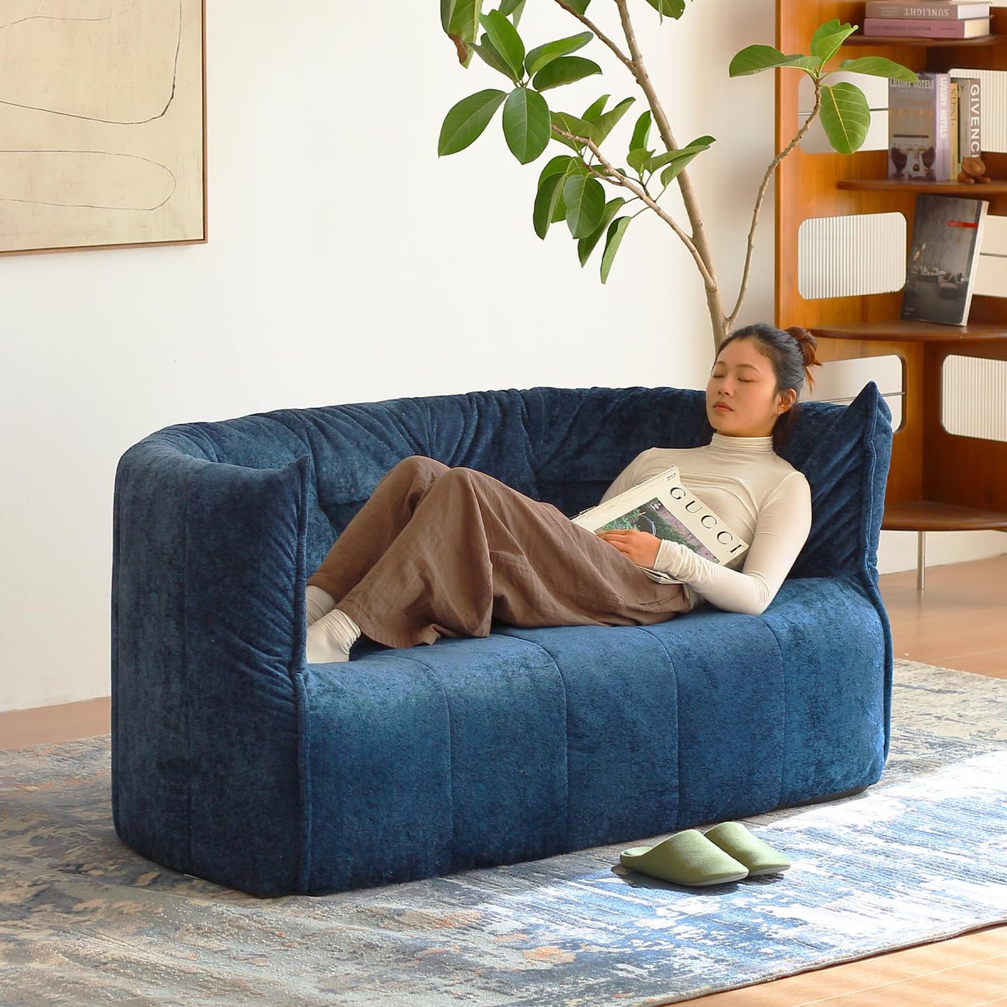 N&V Mid Century Brigantin Deep Relaxation Sofa, Soft Premium Chenille, for Living Room Bedroom and Office (Blue, Single)