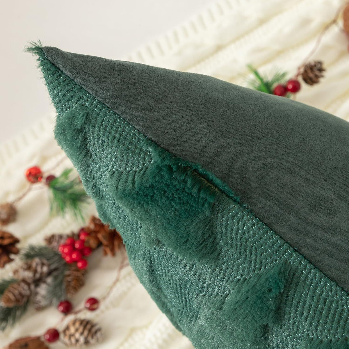 TBAVNOSY Christmas Tree Pillow Covers Set of 2 18x18 inches, 3D Xmas Tree Shaped Faux Fur Throw Pillow Covers for Couch, Sofa, Living Room Winter Holiday Decor, Farmhouse (Dark Green)