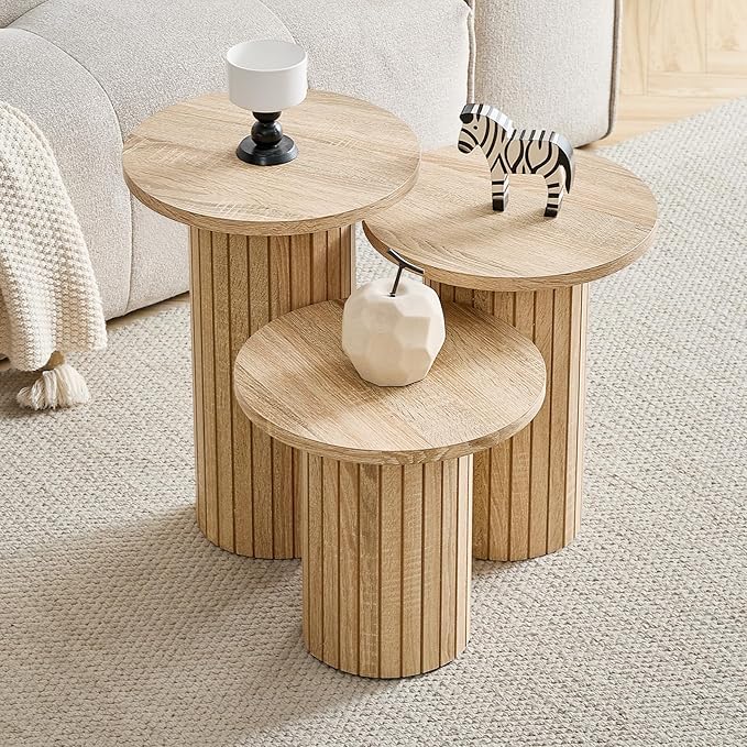 Round Nesting Coffee Table Set of 3 Mid Century Modern Wood Round Coffee Tables