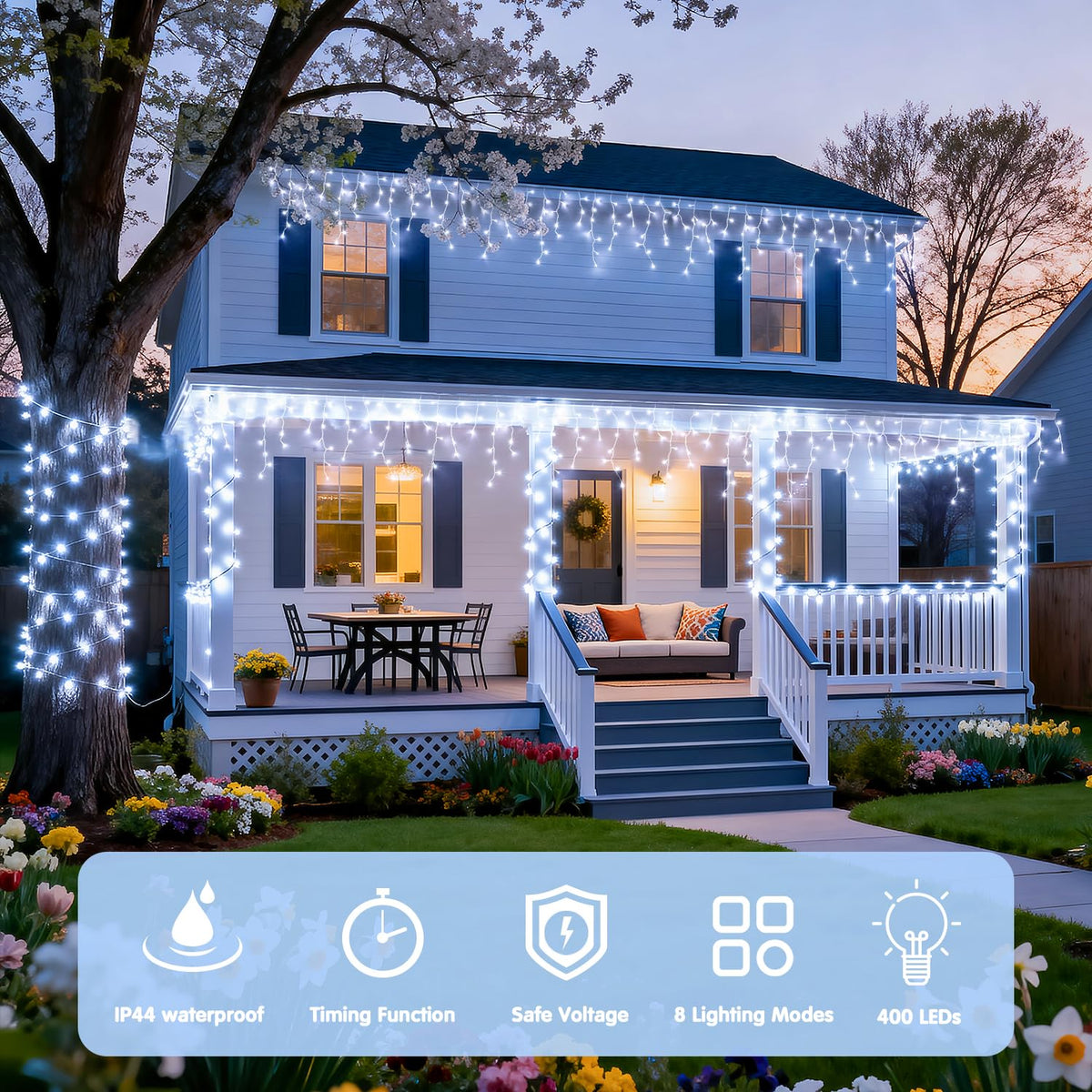JMEXSUSS 400 LED White Christmas Icicle Lights, 38.8ft Connectable Icicle Lights for Outside Outdoor Indoor Plug in, String Light for House Patio Party Room Holiday Christmas Decorations