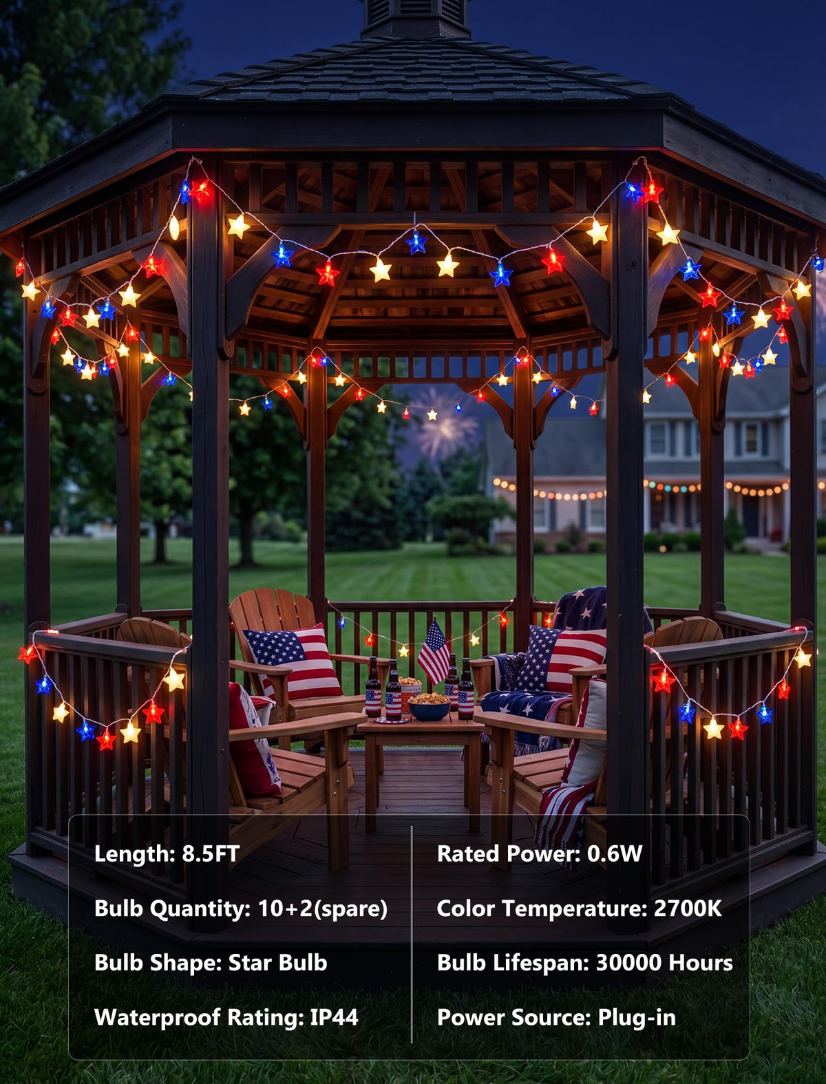 LED Red White Blue Star String Lights Plug in, 8.5Ft 4th of July Decorations Lights with 10 LED Star Light, Hanging Patriotic Outdoor Lights for Independence Day Window Home Patio Party Garden Decor