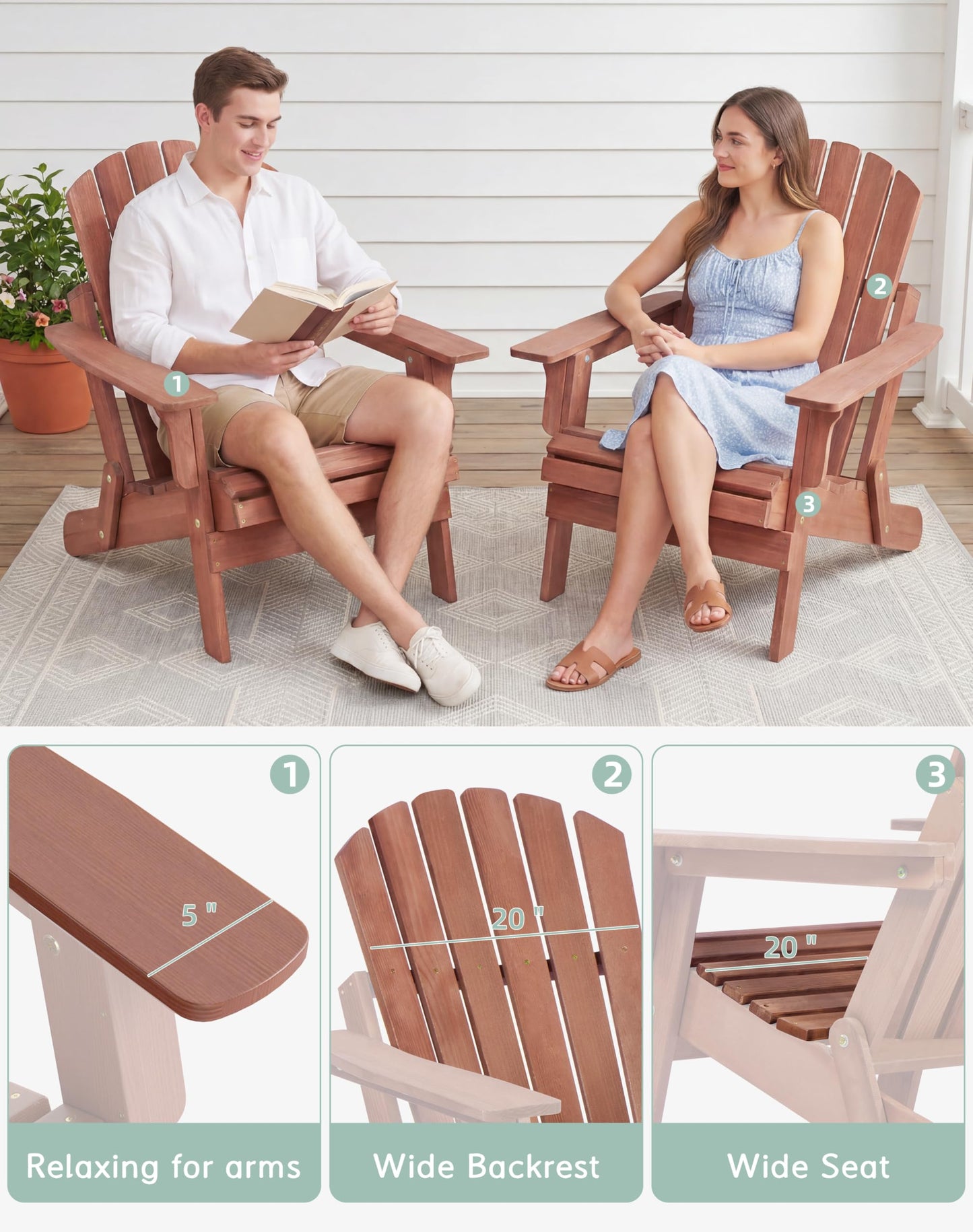 Wood-Natrl Oversized Wooden Folding Adirondack Chair with Pre-Assembled Backrest and Seat Board, Lounge Chair for Outdoor Patio Garden Lawn Backyard Firepit Deck Pool Beach