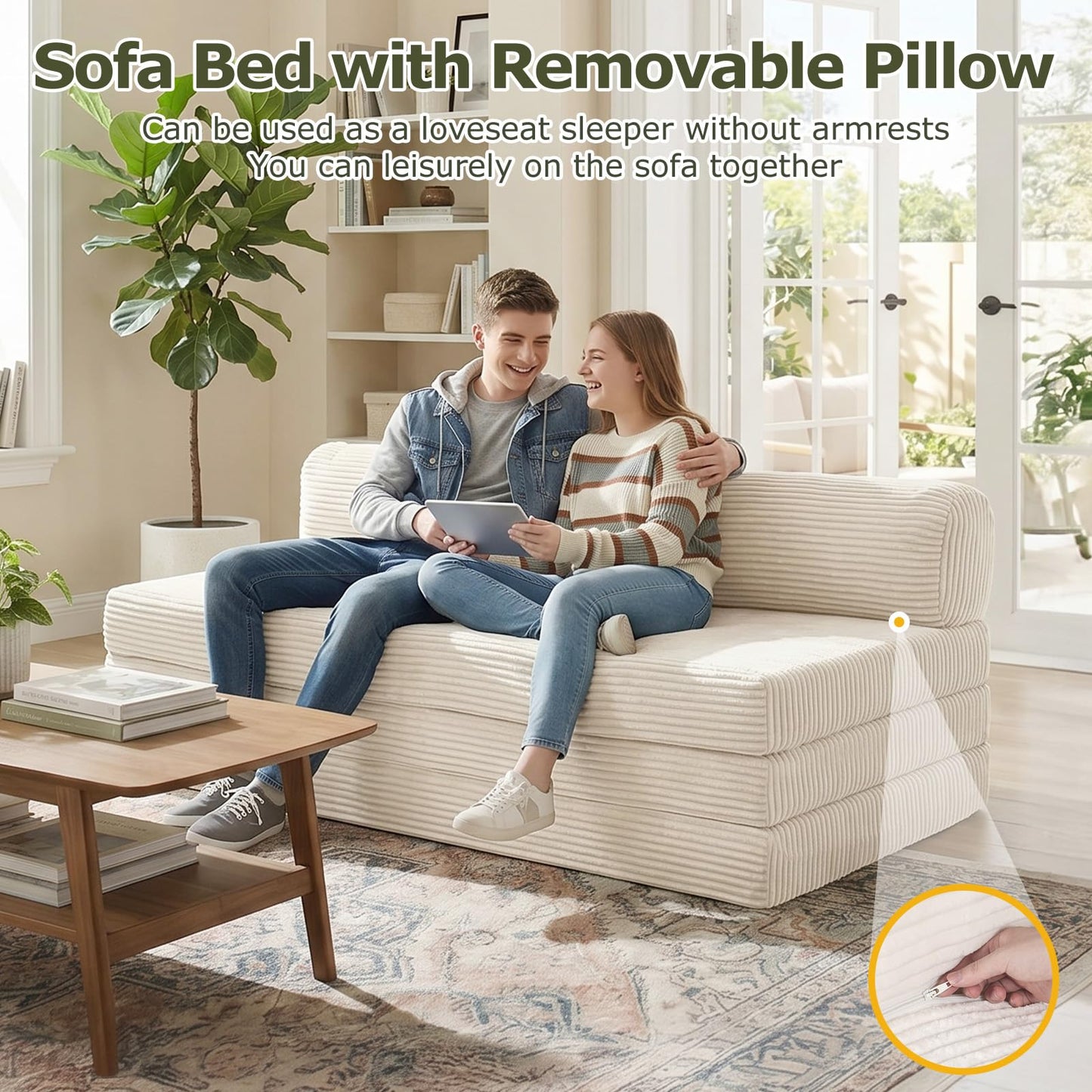 NLDD Convertible Sofa Bed, Boneless Loveseat with Removable Cushions & Washable Corduroy Cover, Futon Sofa Bed with Handle, Pull Out Couch for Small Spaces, Full Size, Beige