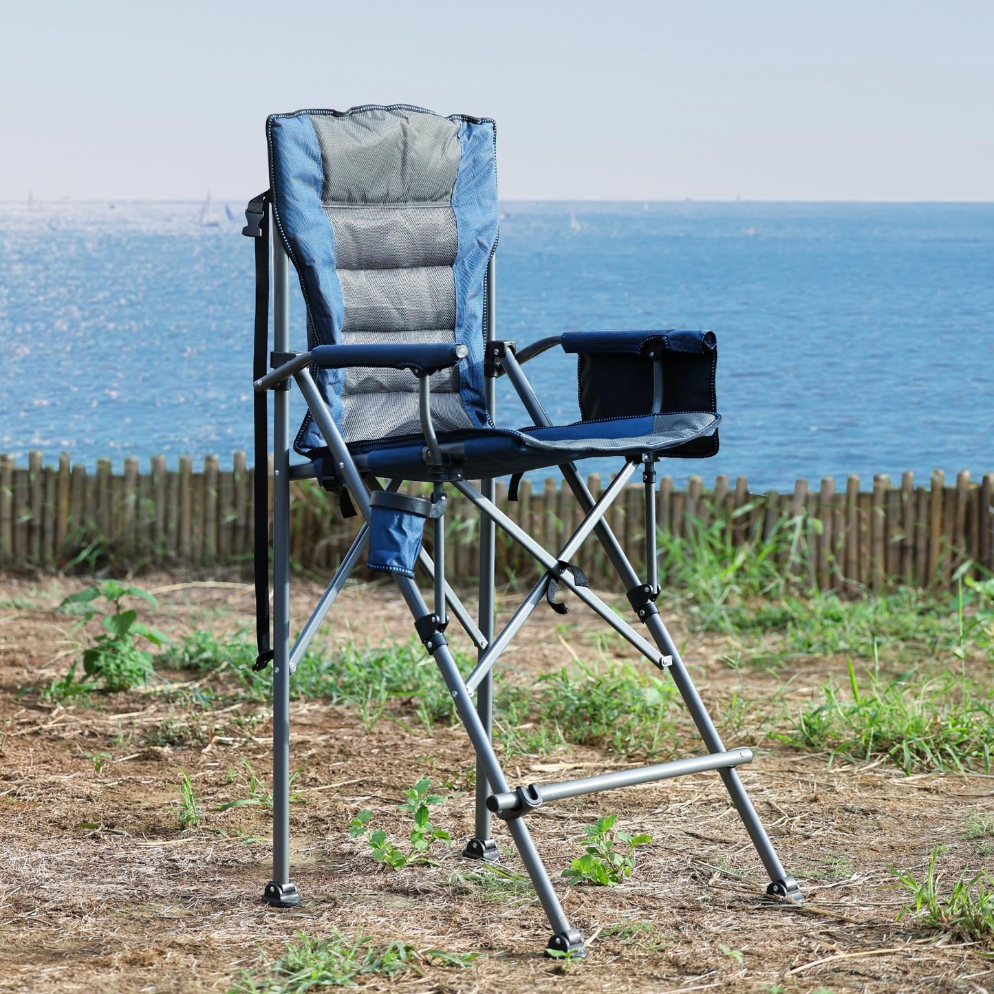 Stonehomy Extra Tall Folding Chairs for Adults 330lbs, Portable Bar Height Foldable Director Chairs for Camping Outside, Comfortable with High Back and Footrest, Blue