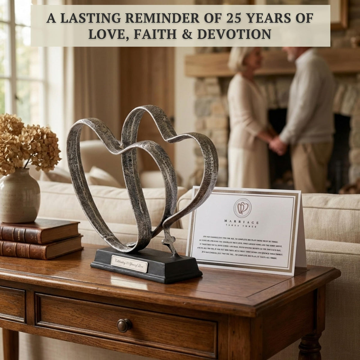 DCAPILLA 25th Anniversary Wedding Gifts – Two Hearts & Cross Keepsake - Ready-to-Gift Includes Present Box, Poem Card, and Engraved Plaque