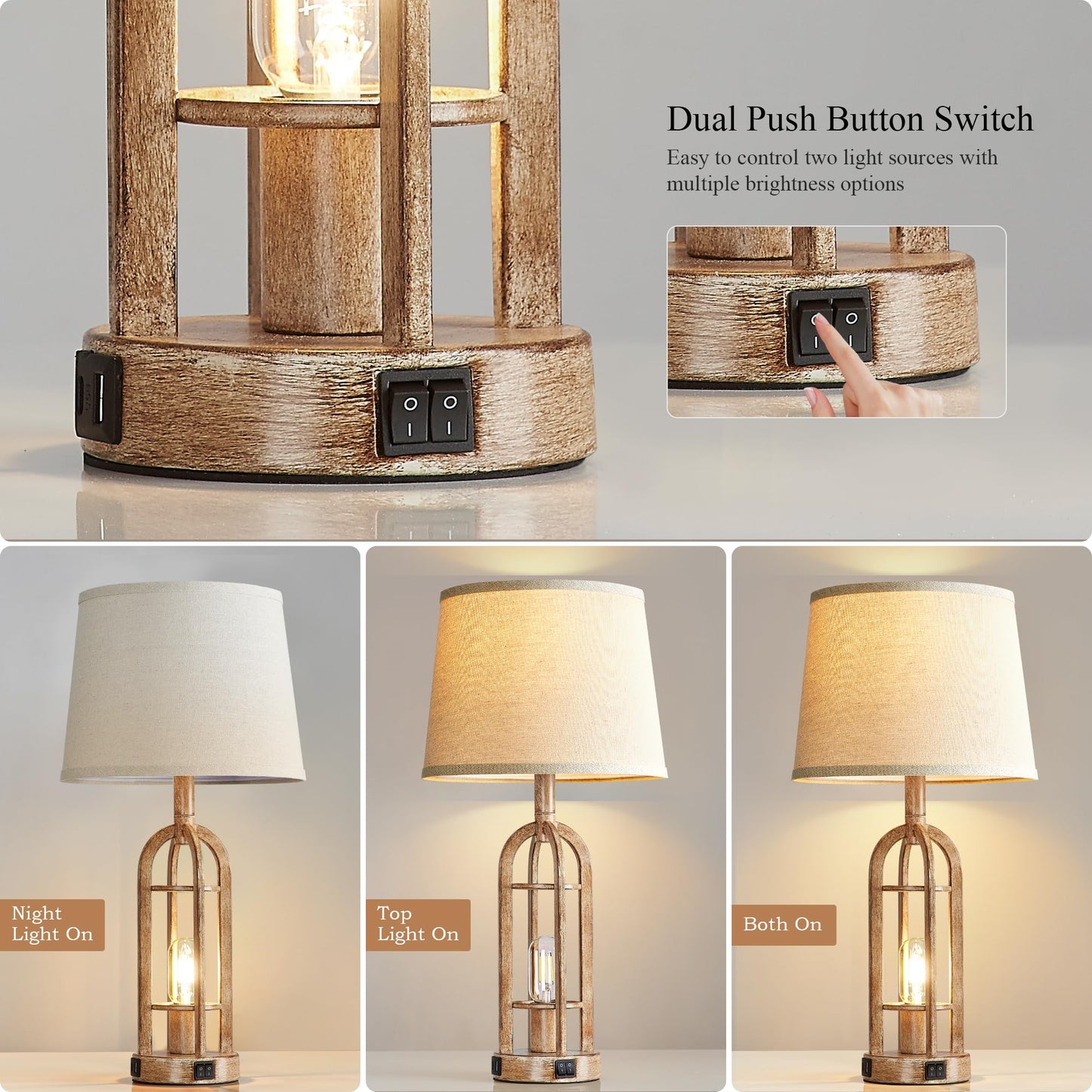 SRJJA Table Lamps for Living Room End Table Set of 2 - Rustic Farmhouse Bedside Lamps for Bedroom Nightstand with Nightlight and USB A+C, 4 Bulbs Included