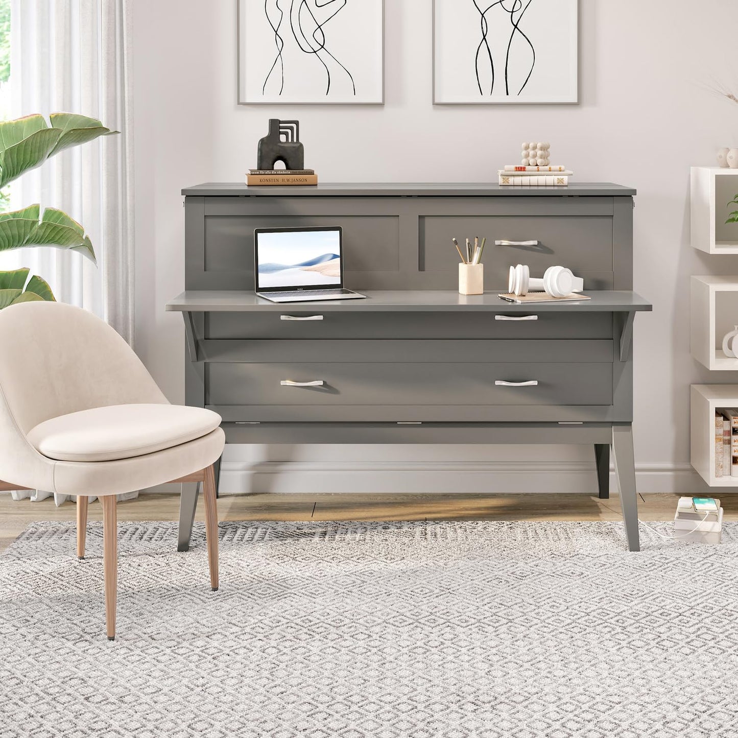 HomeStock Full Murphy Bed Desk with 6" Mattress & Built in Charger in Grey
