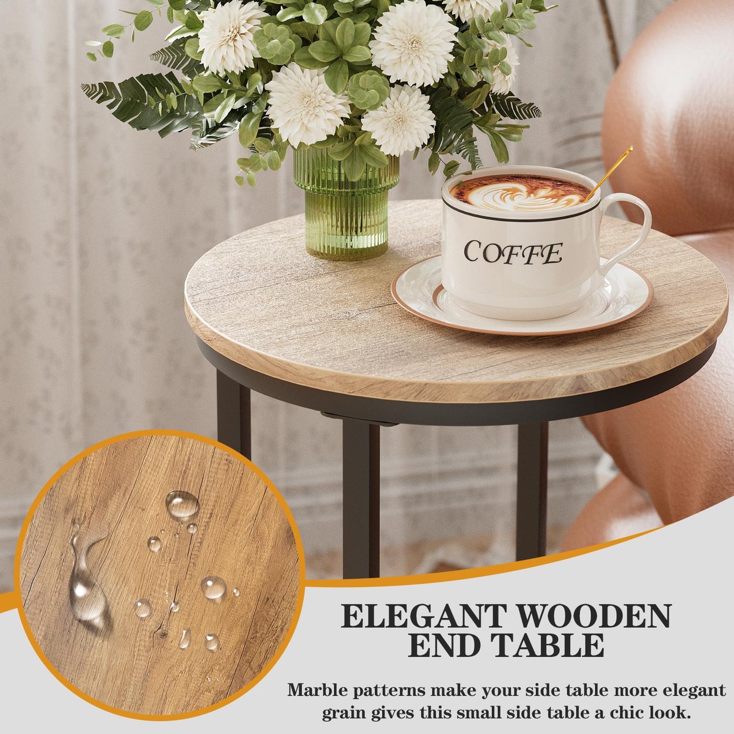 Katrawu C Shaped end Table, Round Side Table for Couch, Small Snack Sofa Table with Metal Frame for TV Tray, Bedroom, Living Room, Bedside (Oak)