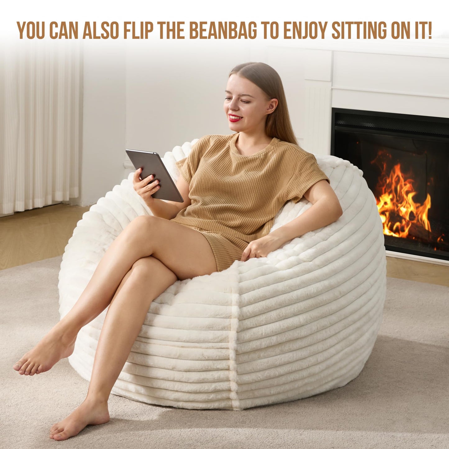 Hobestluk 3ft Bean Bag Chairs for Adults Large Beanbag Chair with Stripe Plush Cover Big Bean Bag Chair for Living Room Bedroom Dorm Office - White (36” x 36” x 22”)