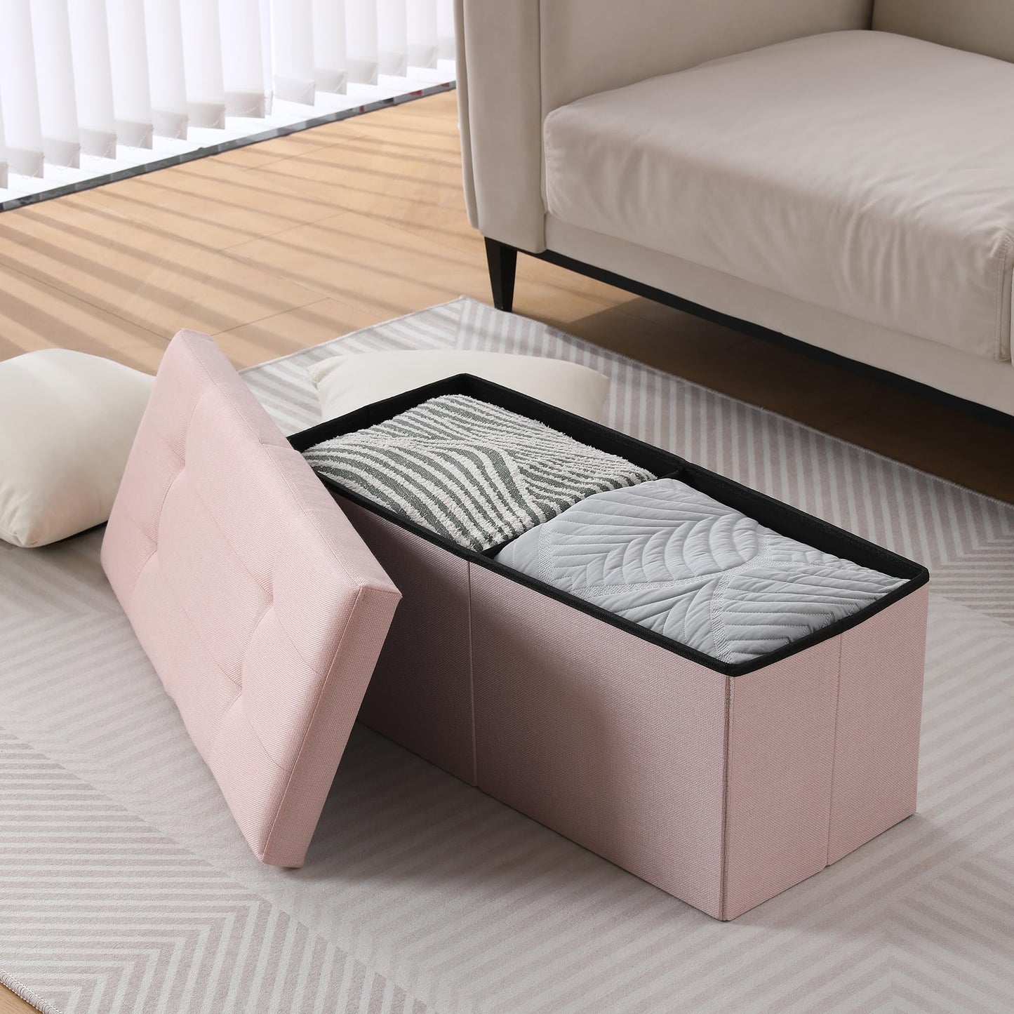 CUYOCA Storage Ottoman Bench Foldable Seat Footrest Shoe Bench End of Bed Storage with Flipping Lid, 75L Storage Space, 30 inches Linen Fabric Pink, OT026PK
