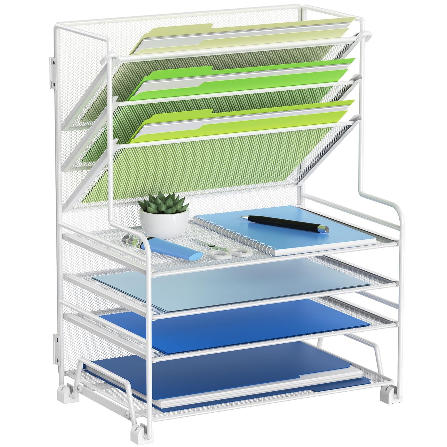 MINDEPOT 4-Tier Paper Organizer + 3-Pocket File Holder + Drawer + Pen Holders, Desktop File Organizers Paper Tray for Office Supplies School Classroom Organization (White, no Drawer & Pen Holder)