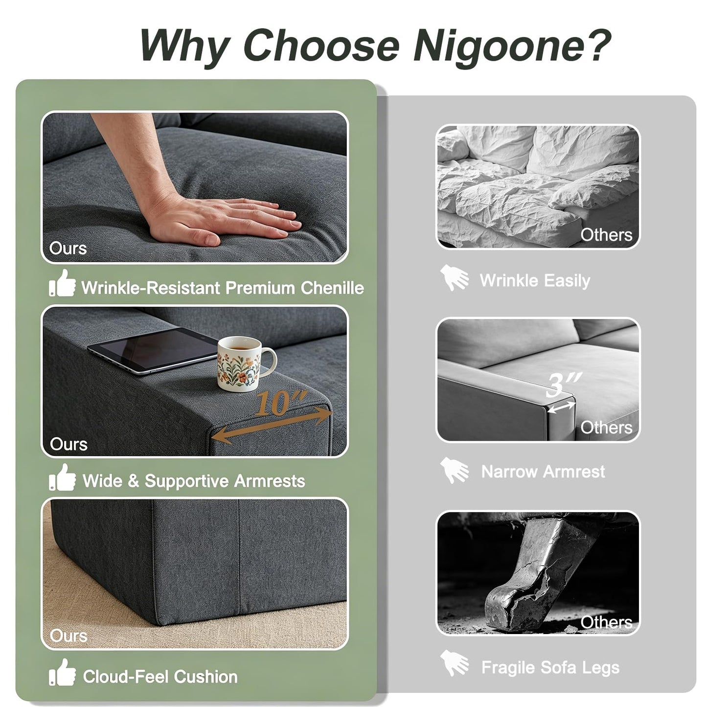 Nigoone 108" Sectional Couches for Living Room, Adjustable Sofa Backrest, Modular Cloud Sofa with Ottoman, Convertible L Shaped Boneless Couch, 4 Seater, Dark Grey Chenille, No Assembly