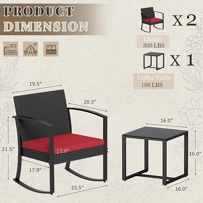 Homall Patio Furniture Set 3 Piece Resin Outdoor Bistro Set Rocking Patio Chairs