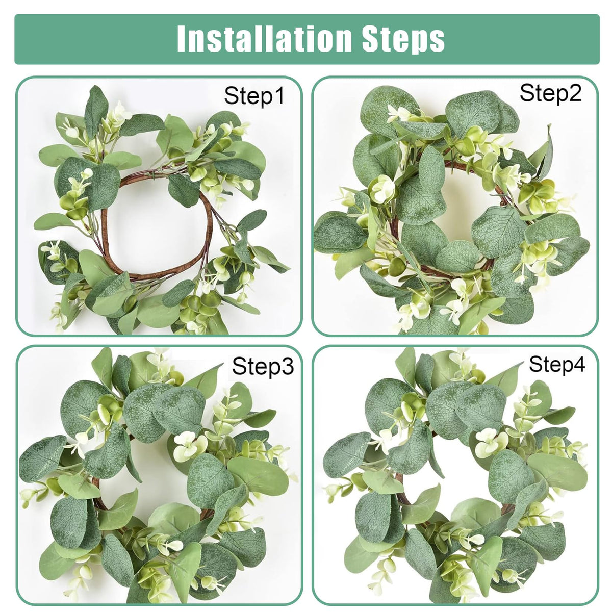 6 Sets LED Candle Rings with Artificial Eucalyptus Wreaths, 4-Inch Center Pillar Candle Holders for Wedding Table Centerpieces, Party Home Decor