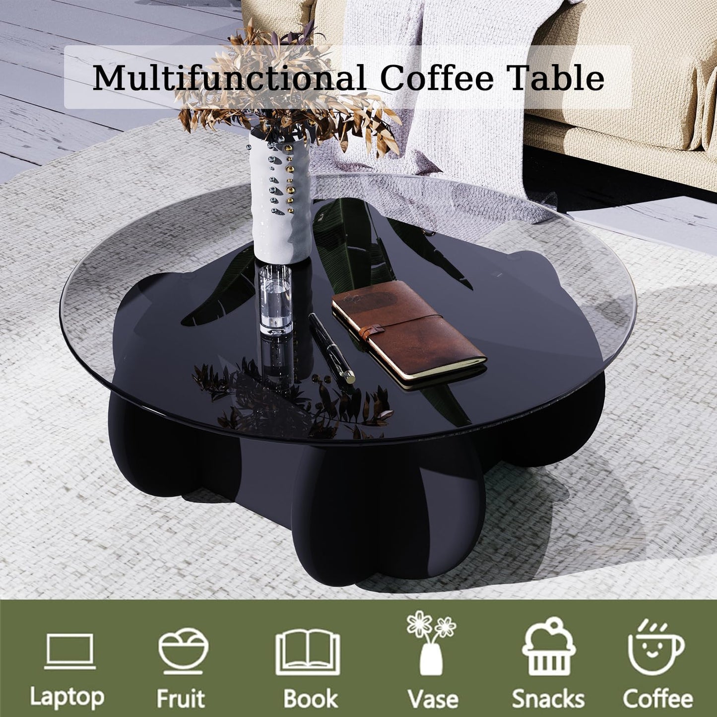 Black Glass Top Coffee Table Modern Elegant Round Coffee Tables with Solid Wood Legs and Tempered Glass Tabletop for Living Room Home Small Space Reception Office Tables 31.5"