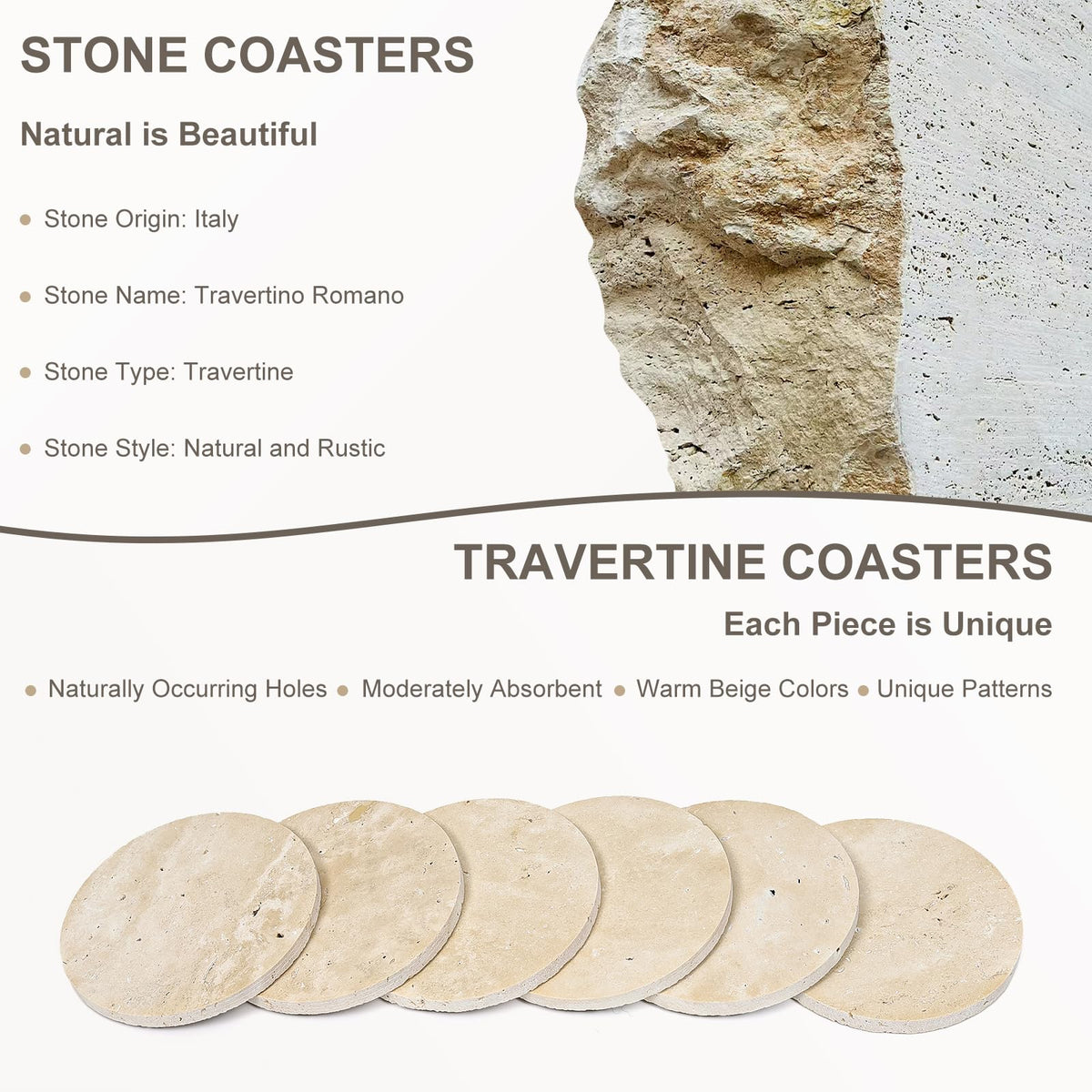 YONGHEE Italian Travertine Coasters Set of 6, Farmhouse Rustic Neutral Style Marble Drink Coasters for Coffee Table Decor, 4 Inch Round Porous Natural Stone Absorbent Coaster, Housewarming Gift