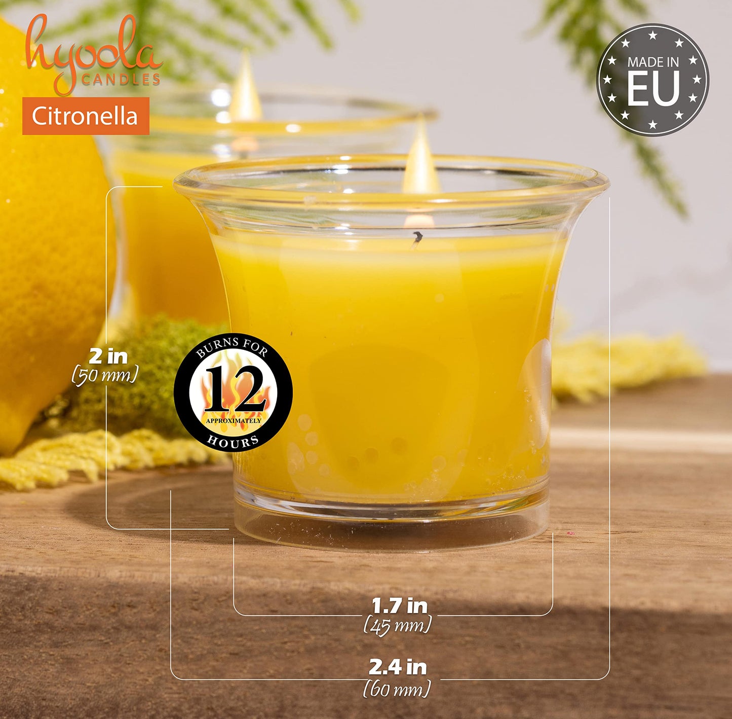 HYOOLA Clear Cup Scented Votive Candles - Citronella - 12 Hour Burn Time - 4 Pack - European Made