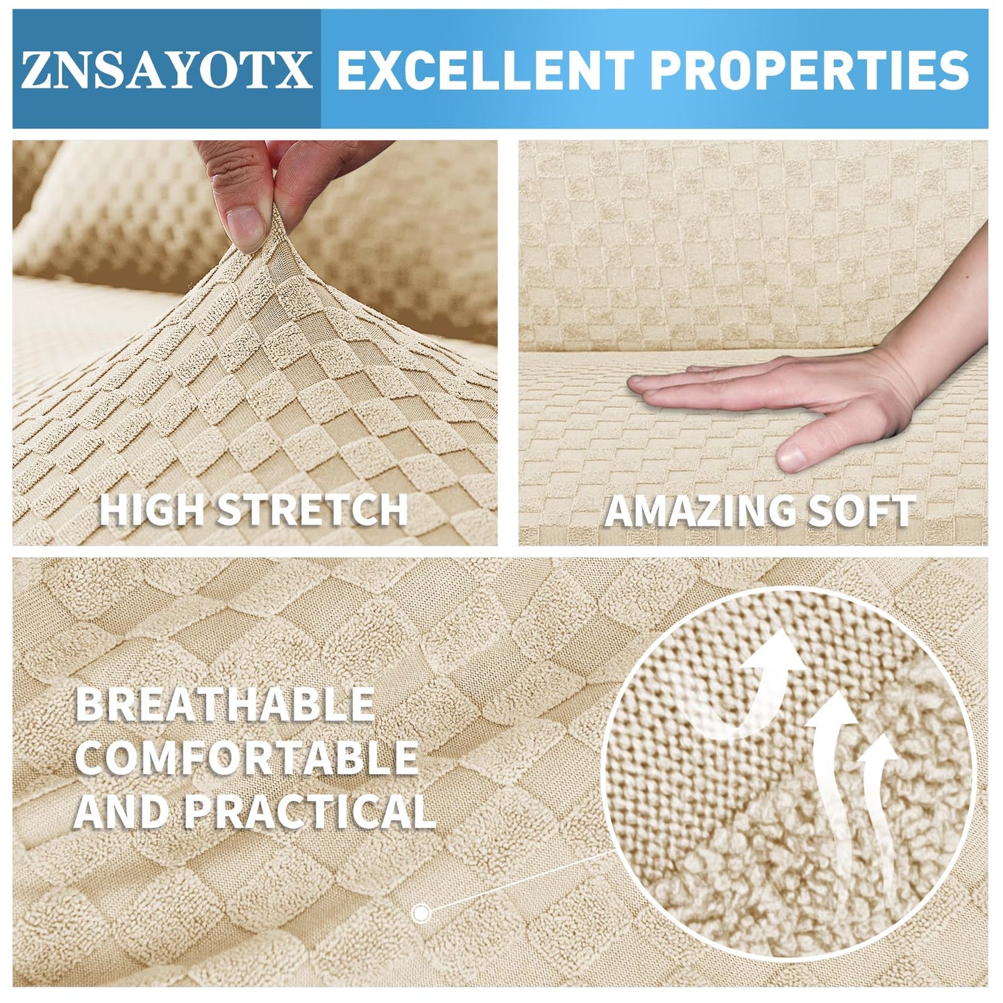 ZNSAYOTX Sectional Couch Covers, Stretch Jacquard Slipcovers with Elastic Bottom for L-Shape Sectional Sofa, 2 Pcs Pet Friendly Modular Sofa Protector (3 Seat Couch + 3 Seat Chaise, Light Beige)