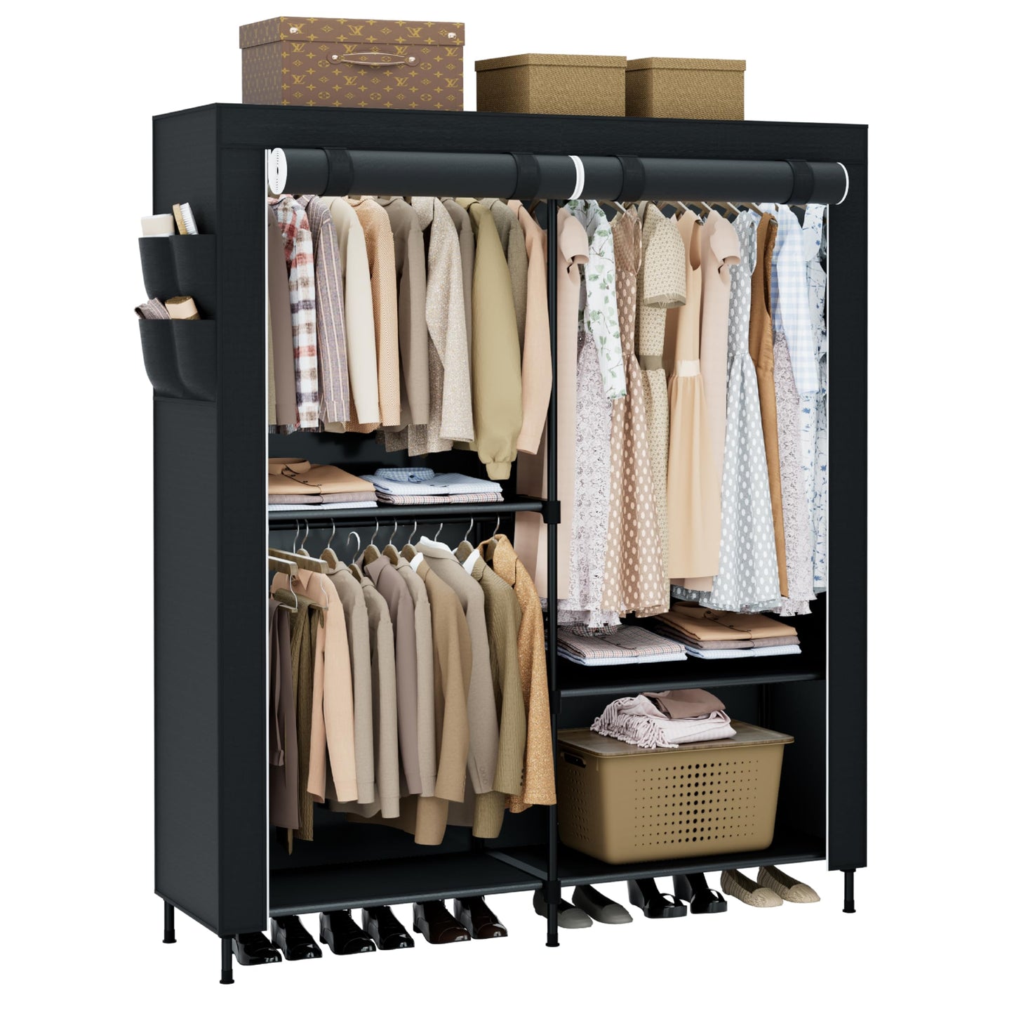 CASAMAYA Clothes Rack, Portable Closet, 54.7 Inch Large Capacity Wardrobe Closet with Cover, Clothes Storage Organizer with Shelves and 3 Hanging Rods, Easy to Assembly, Black PCT122B01