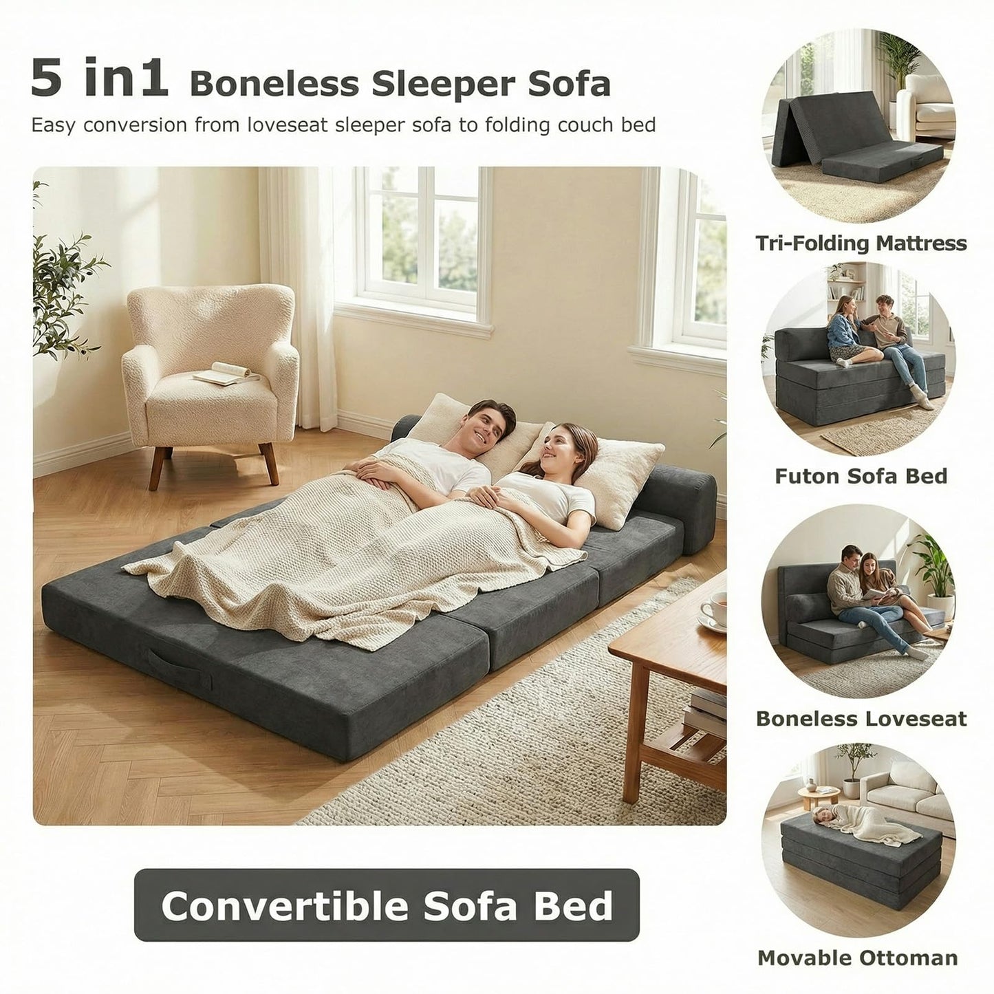 NLDD 5-in-1 Convertible Sofa Bed, Boneless Loveseat, Tri-fold Futon Sofa Bed with Removable Cushions & Washable Cover, Pull Out Couch with Handle, for Small Spaces, Queen Size, Grey
