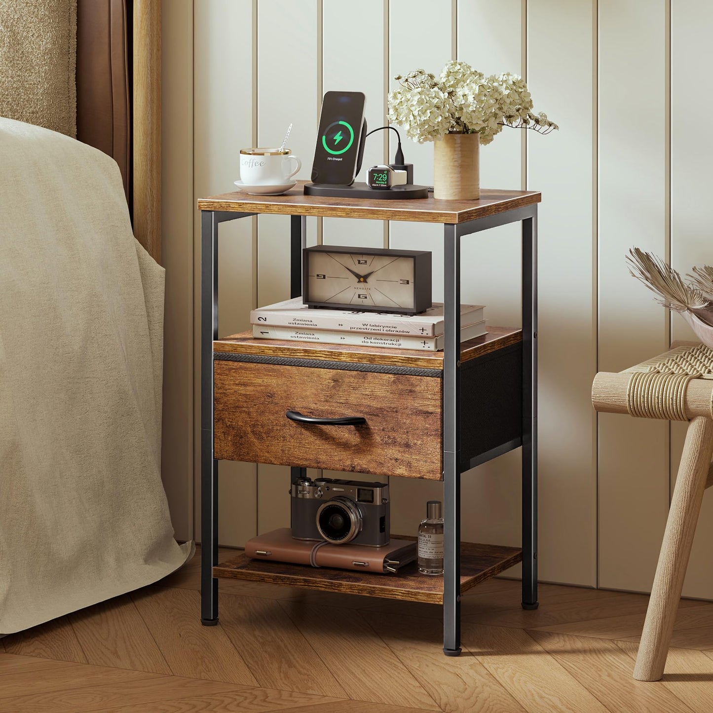 SUPERJARE Nightstand with Charging Station, Bed Side Table with Adjustable Fabric Drawer, Night Stand for Bedroom, 3-Tier Storage End Table, for Living Room, Rustic Brown
